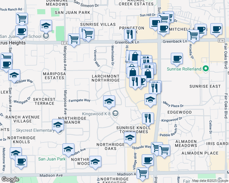 map of restaurants, bars, coffee shops, grocery stores, and more near 7793 Guenivere Way in Citrus Heights