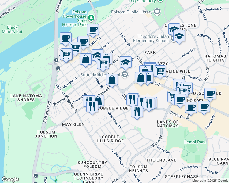 map of restaurants, bars, coffee shops, grocery stores, and more near 705 Bidwell Street in Folsom