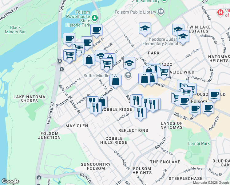 map of restaurants, bars, coffee shops, grocery stores, and more near 705 Bidwell Street in Folsom