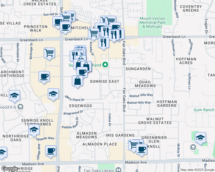 map of restaurants, bars, coffee shops, grocery stores, and more near 1B Sunrise Vista Drive in Citrus Heights