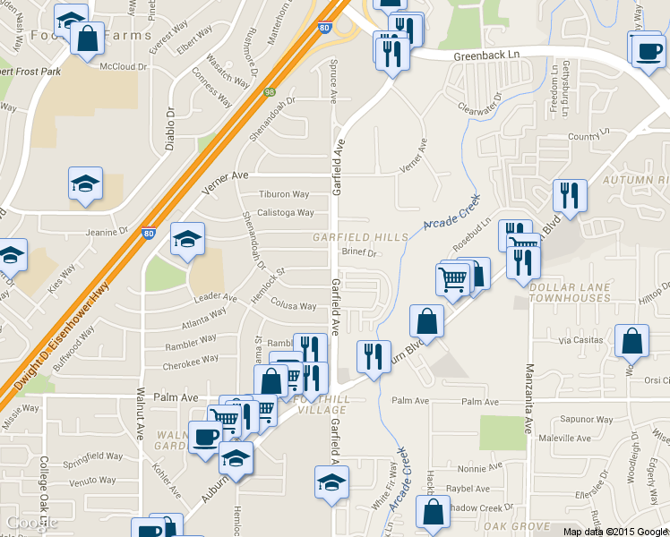 map of restaurants, bars, coffee shops, grocery stores, and more near 5840 Garfield Avenue in Sacramento