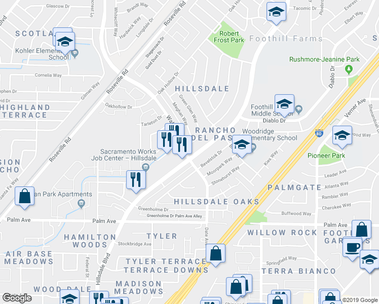 map of restaurants, bars, coffee shops, grocery stores, and more near 5817 Hillsdale Boulevard in Sacramento