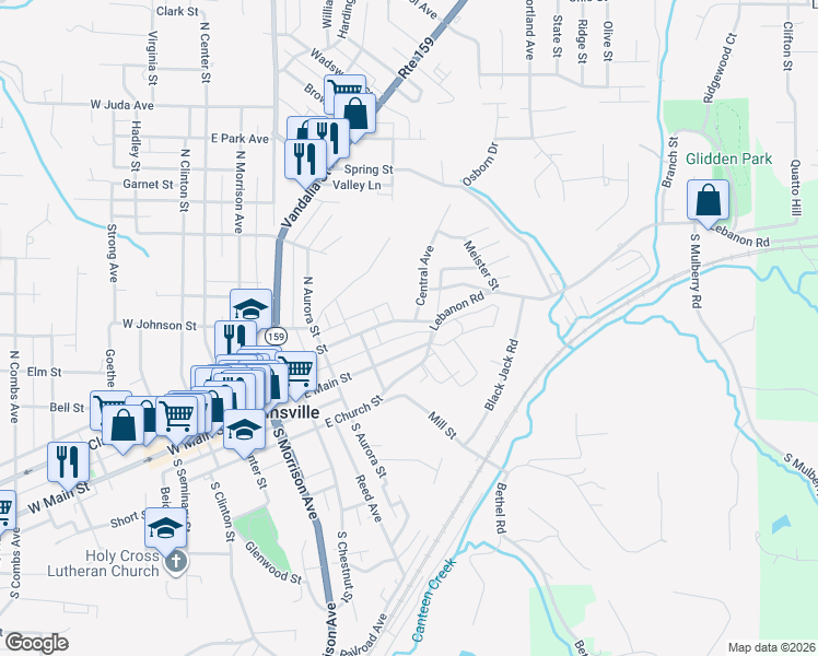 map of restaurants, bars, coffee shops, grocery stores, and more near 722 East Clay Street in Collinsville
