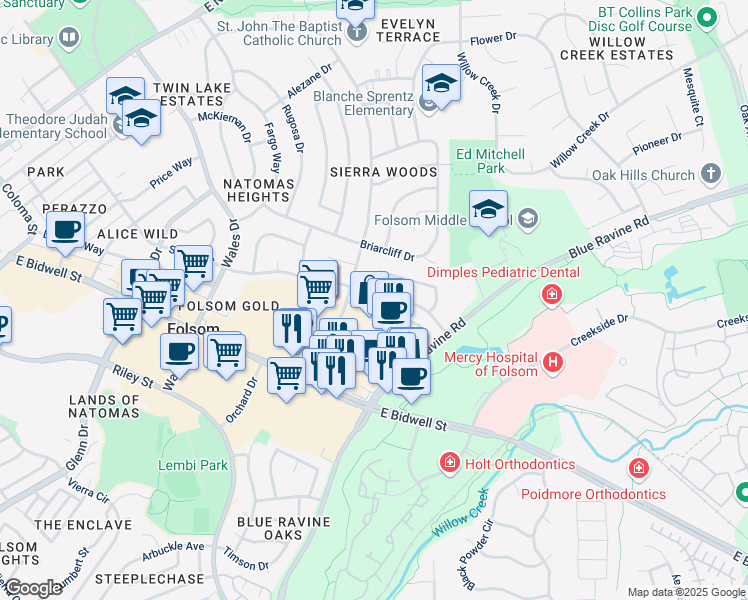 map of restaurants, bars, coffee shops, grocery stores, and more near 1308 School Street in Folsom