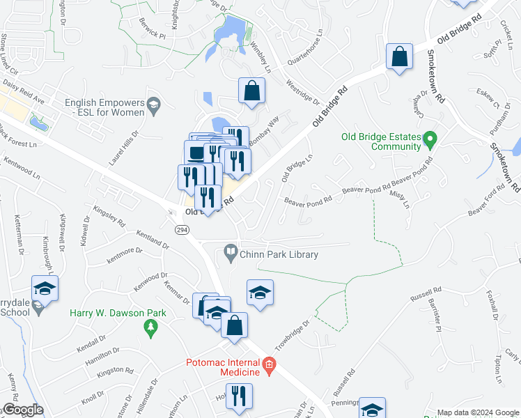 map of restaurants, bars, coffee shops, grocery stores, and more near 4052 Cressida Place in Woodbridge