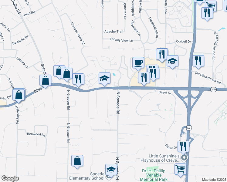 map of restaurants, bars, coffee shops, grocery stores, and more near 10812 Olive Boulevard in Creve Coeur