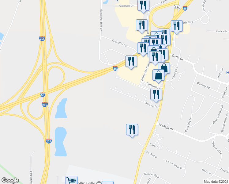 map of restaurants, bars, coffee shops, grocery stores, and more near 59 Bellevue Drive in Collinsville