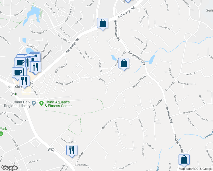 map of restaurants, bars, coffee shops, grocery stores, and more near Misty Lane in Woodbridge