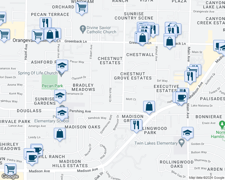 map of restaurants, bars, coffee shops, grocery stores, and more near 5908 Rich Hill Drive in Orangevale