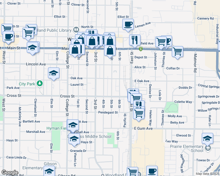map of restaurants, bars, coffee shops, grocery stores, and more near 638 5th Street in Woodland