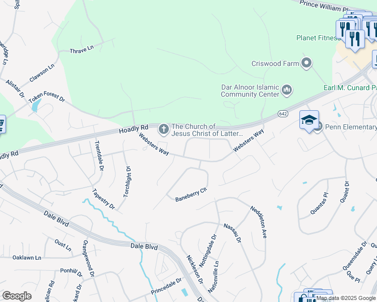 map of restaurants, bars, coffee shops, grocery stores, and more near 12844 Hoadly Manor Drive in Manassas