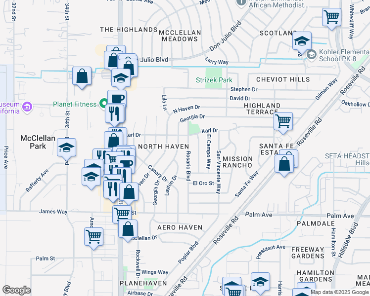 map of restaurants, bars, coffee shops, grocery stores, and more near 5809 Rosario Boulevard in North Highlands