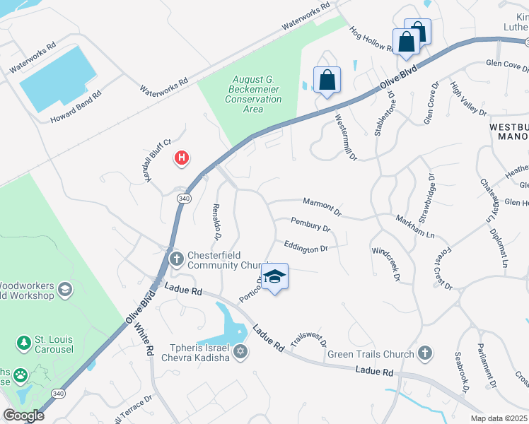 map of restaurants, bars, coffee shops, grocery stores, and more near 311 Portico Drive in Chesterfield