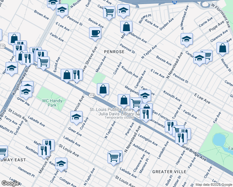 map of restaurants, bars, coffee shops, grocery stores, and more near 4541 San Francisco Avenue in St. Louis