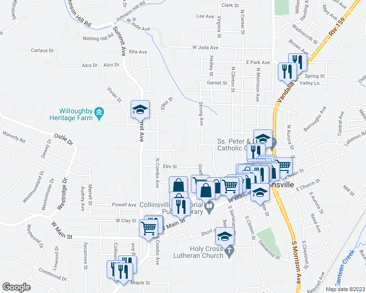 map of restaurants, bars, coffee shops, grocery stores, and more near 507 North Guernsey Street in Collinsville