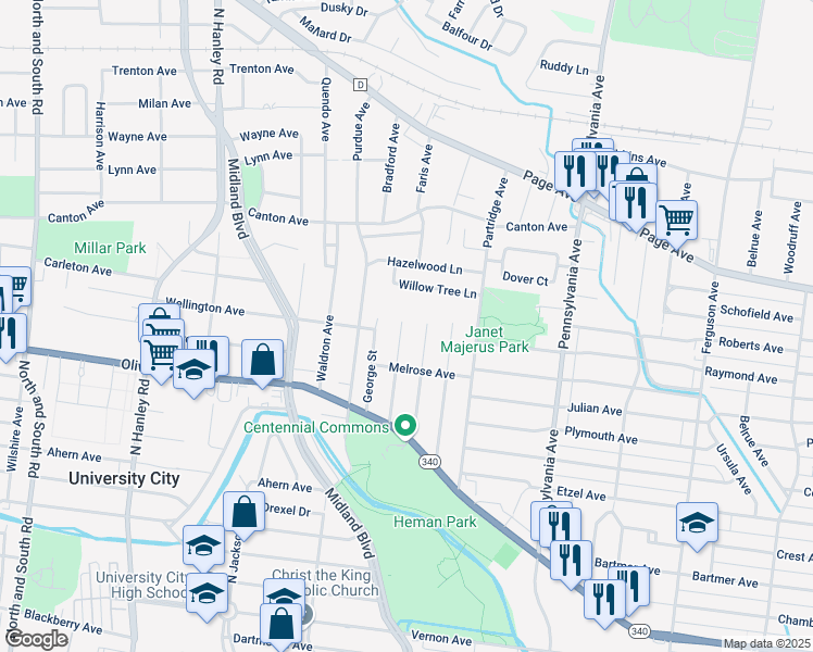 map of restaurants, bars, coffee shops, grocery stores, and more near 1236 Backer Street in University City