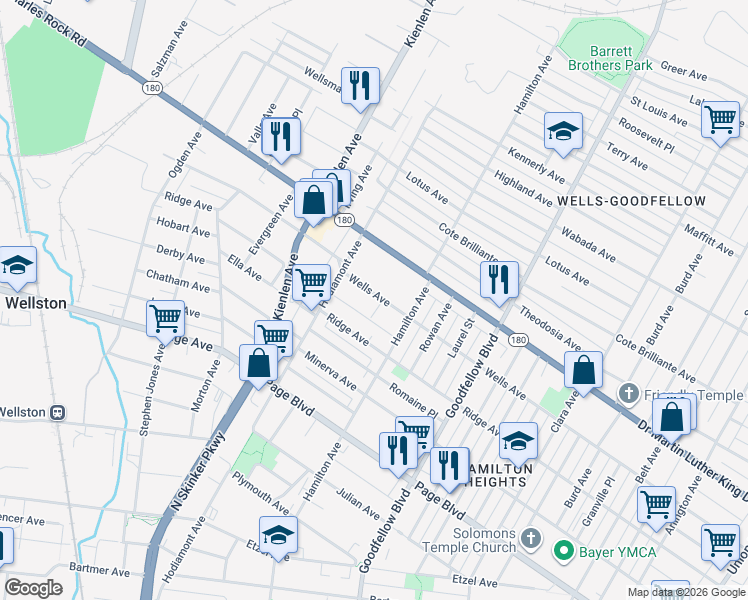 map of restaurants, bars, coffee shops, grocery stores, and more near 5942 Wells Avenue in St. Louis