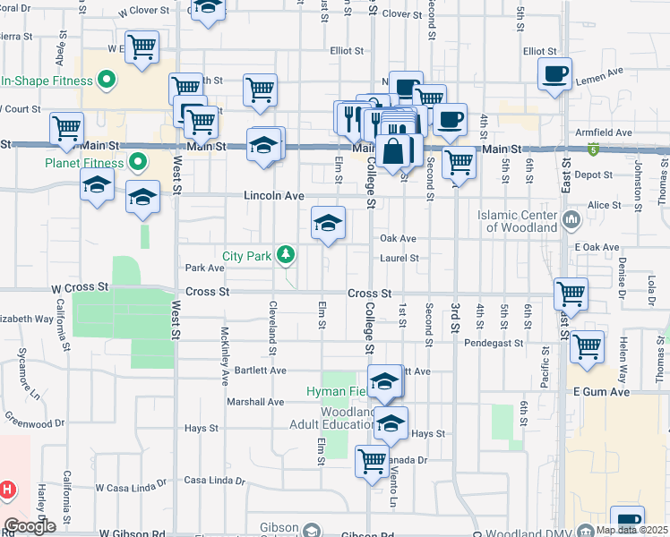 map of restaurants, bars, coffee shops, grocery stores, and more near 625 Elm Street in Woodland