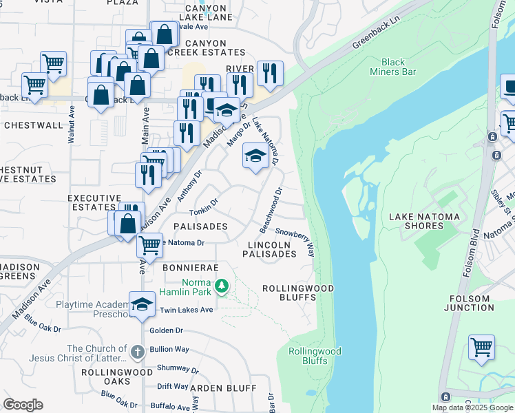 map of restaurants, bars, coffee shops, grocery stores, and more near 9566 Lake Natoma Drive in Orangevale