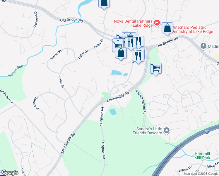 map of restaurants, bars, coffee shops, grocery stores, and more near 12865 Mill House Court in Woodbridge