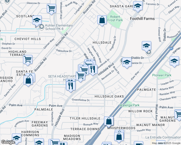 map of restaurants, bars, coffee shops, grocery stores, and more near 5749 Walerga Road in Sacramento