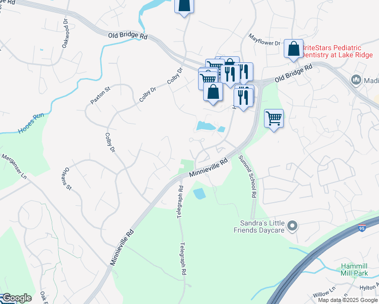 map of restaurants, bars, coffee shops, grocery stores, and more near 12838 Mill House Court in Woodbridge