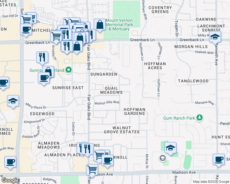 map of restaurants, bars, coffee shops, grocery stores, and more near 5965 Moss Creek Circle in Fair Oaks