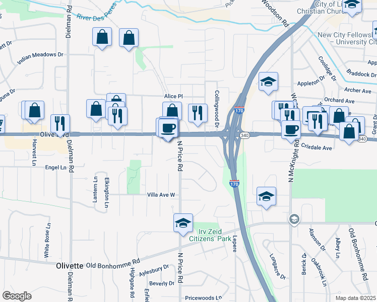 map of restaurants, bars, coffee shops, grocery stores, and more near 9141 Locust Lane in Olivette