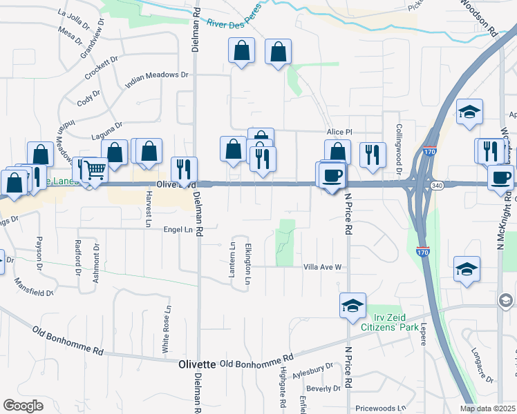 map of restaurants, bars, coffee shops, grocery stores, and more near 9348 Olive Boulevard in Olivette