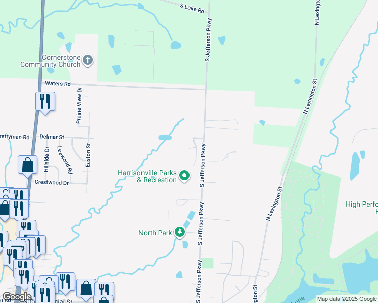 map of restaurants, bars, coffee shops, grocery stores, and more near 523 Timber Drive in Harrisonville