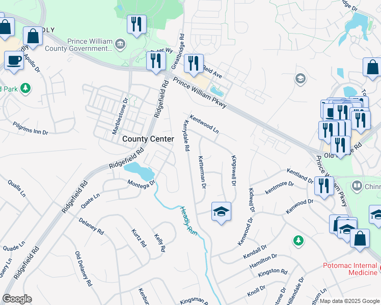 map of restaurants, bars, coffee shops, grocery stores, and more near 12913 Kerrydale Road in Woodbridge