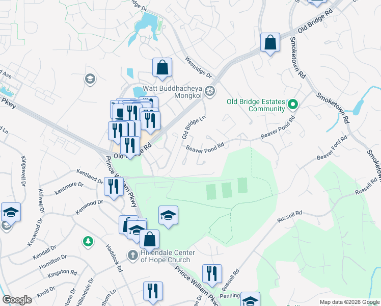 map of restaurants, bars, coffee shops, grocery stores, and more near 12923 Freestone Court in Woodbridge