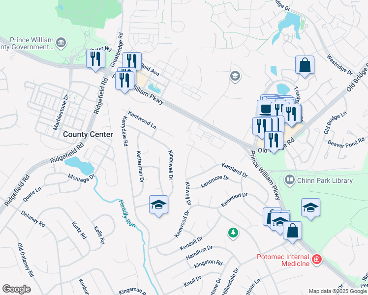 map of restaurants, bars, coffee shops, grocery stores, and more near 4521 Kingsley Road in Woodbridge