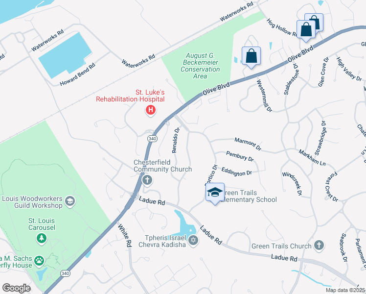 map of restaurants, bars, coffee shops, grocery stores, and more near 301 San Angelo Drive in Chesterfield