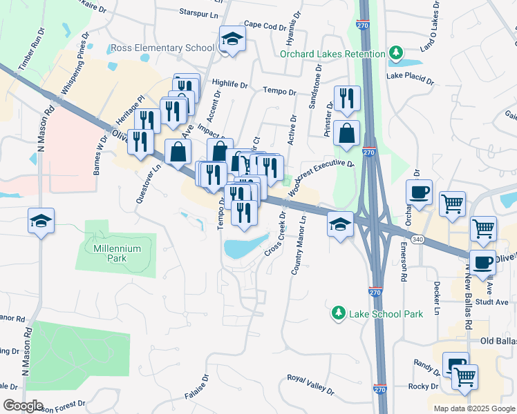 map of restaurants, bars, coffee shops, grocery stores, and more near 12330 Olive Boulevard in Creve Coeur