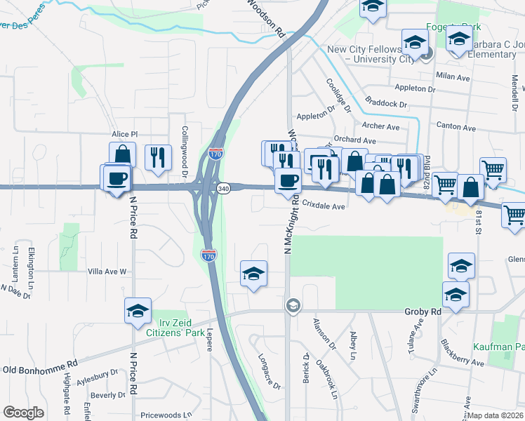 map of restaurants, bars, coffee shops, grocery stores, and more near 1176 Briscoe Place in St. Louis