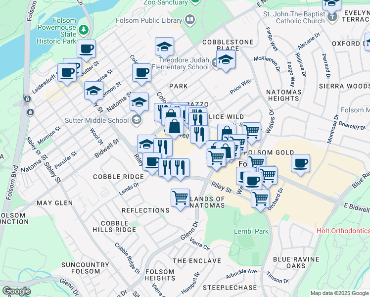 map of restaurants, bars, coffee shops, grocery stores, and more near 425 East Bidwell Street in Folsom