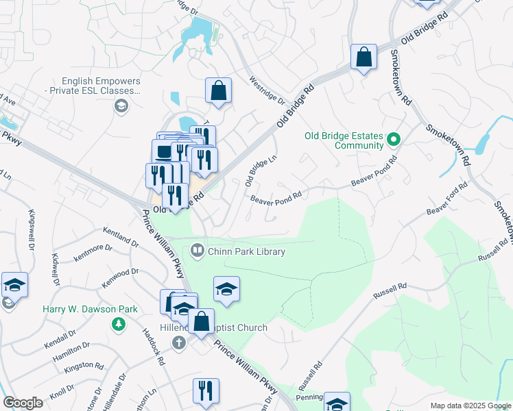 map of restaurants, bars, coffee shops, grocery stores, and more near 12923 Freestone Court in Woodbridge