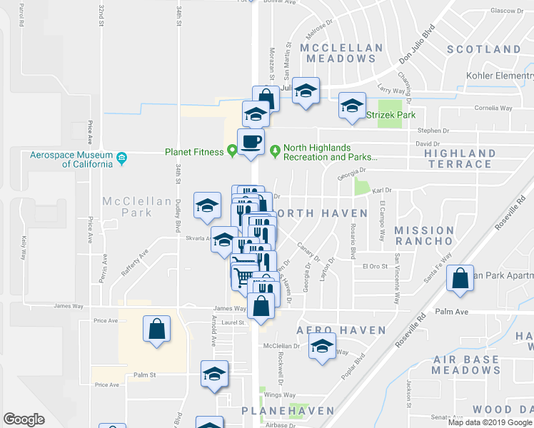 map of restaurants, bars, coffee shops, grocery stores, and more near 5820 Canary Drive in North Highlands