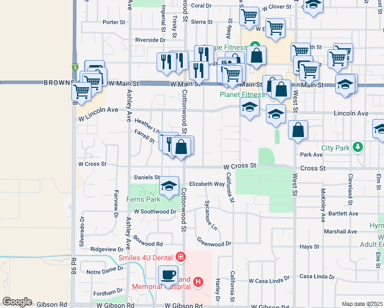 map of restaurants, bars, coffee shops, grocery stores, and more near 625 Cottonwood Street in Woodland