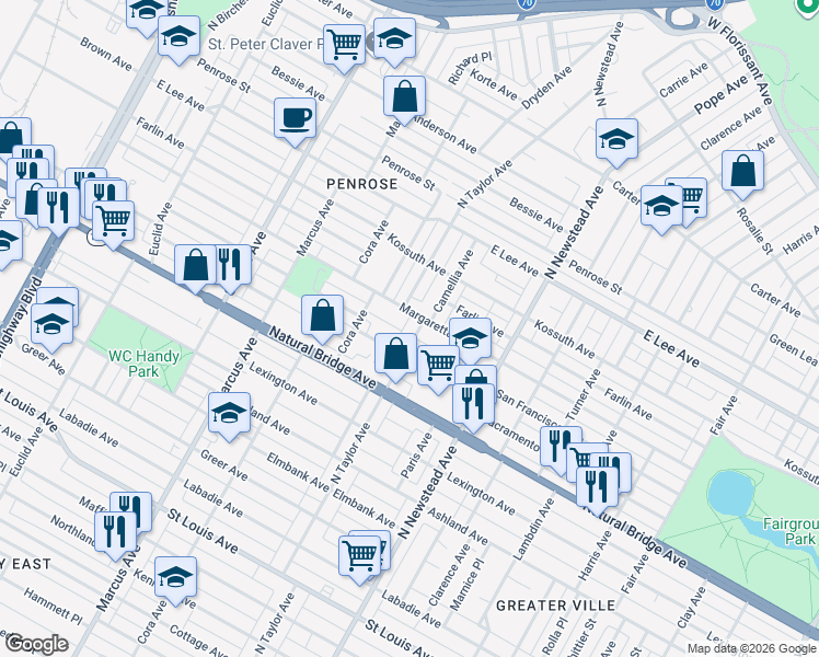 map of restaurants, bars, coffee shops, grocery stores, and more near 3927 North Taylor Avenue in St. Louis