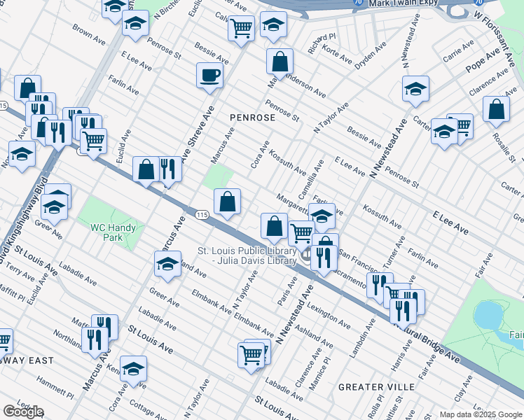map of restaurants, bars, coffee shops, grocery stores, and more near 4541 San Francisco Avenue in St. Louis