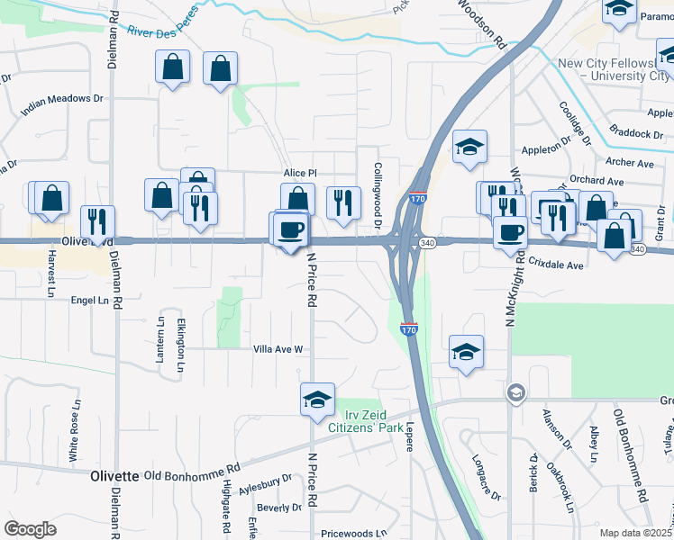 map of restaurants, bars, coffee shops, grocery stores, and more near 9141 Locust Lane in Olivette