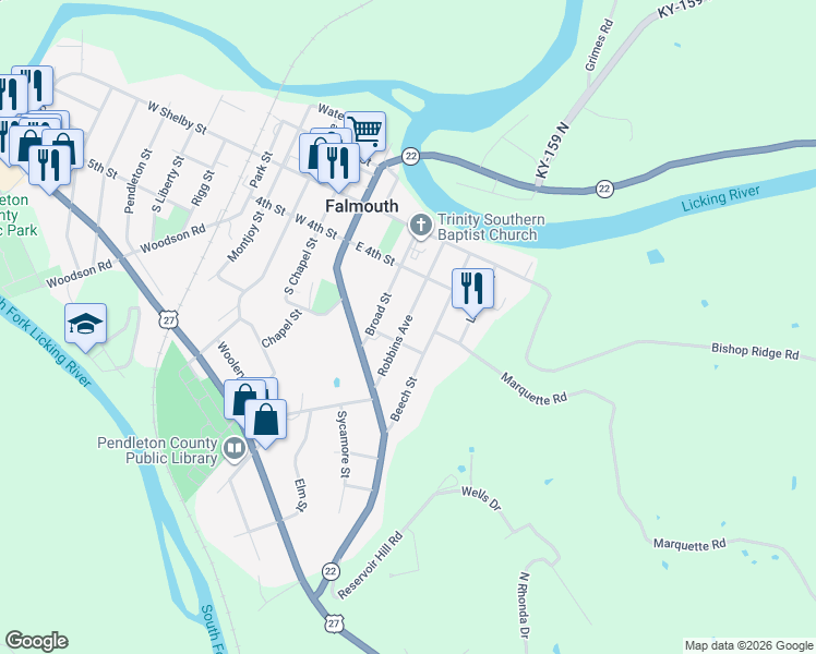 map of restaurants, bars, coffee shops, grocery stores, and more near 416 Robbins Avenue in Falmouth