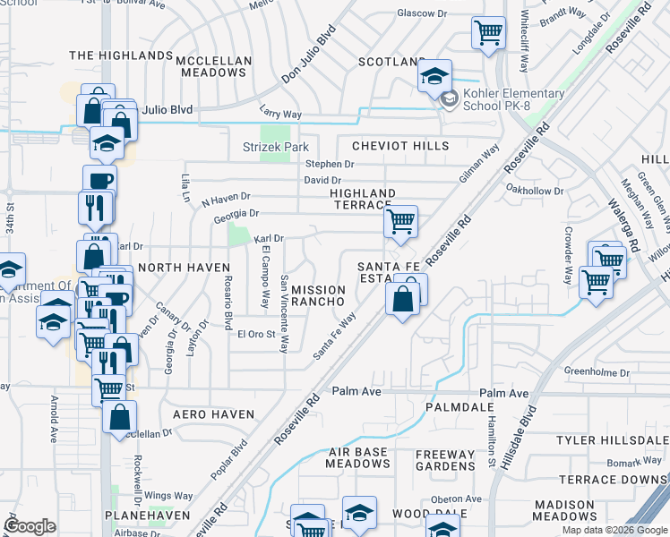map of restaurants, bars, coffee shops, grocery stores, and more near 5757 San Ardo Way in North Highlands