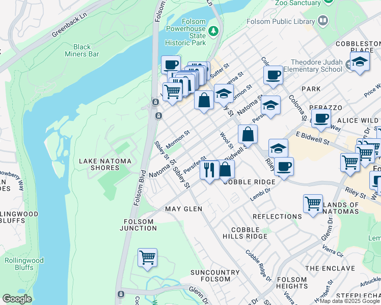 map of restaurants, bars, coffee shops, grocery stores, and more near 915 Natoma Street in Folsom