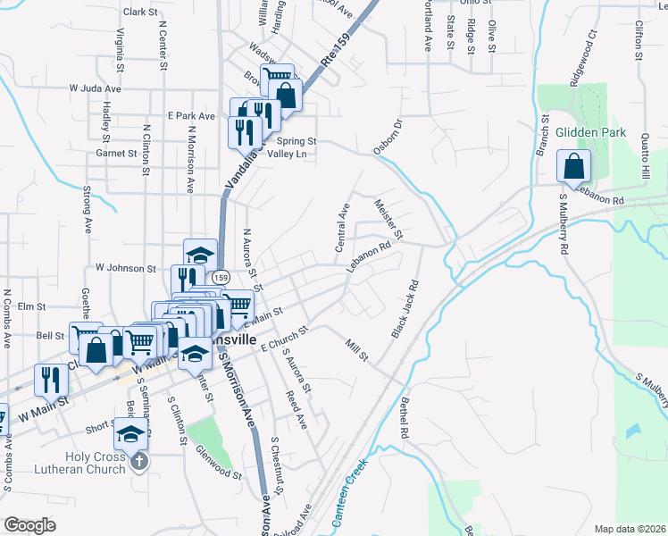 map of restaurants, bars, coffee shops, grocery stores, and more near 722 East Clay Street in Collinsville