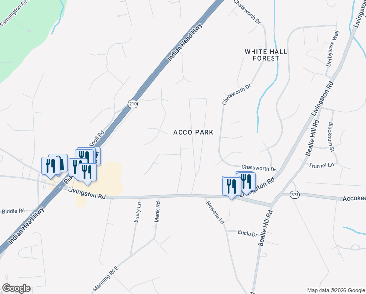 map of restaurants, bars, coffee shops, grocery stores, and more near 15504 John Dailey Road in Accokeek