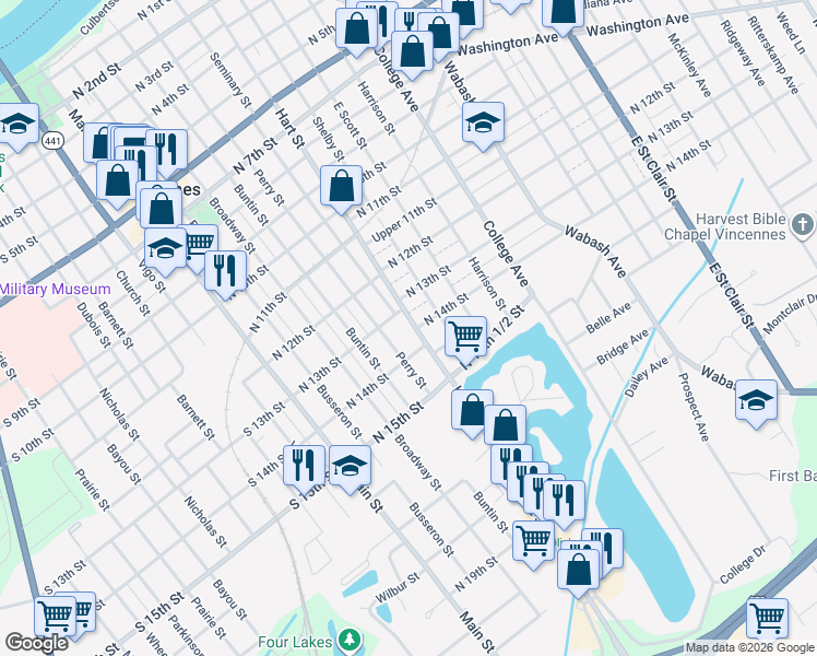 map of restaurants, bars, coffee shops, grocery stores, and more near 1315 Hart Street in Vincennes