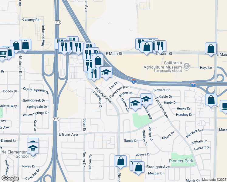 map of restaurants, bars, coffee shops, grocery stores, and more near 1723 Farnham Avenue in Woodland